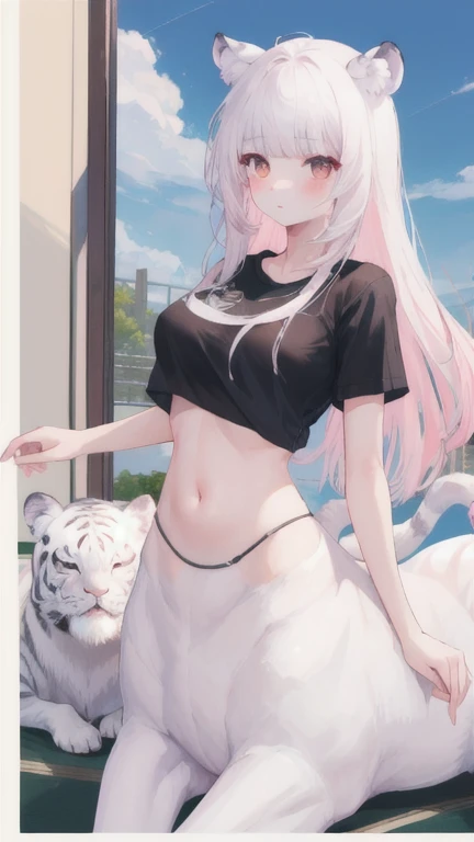 (best quality, masterpiece), 1 girl, centaur, It takes, White skin, Korean ,daughter,black pink, exposing the abdomen, belly button t-shirt , 아름다운 소녀 Perfect wild white tiger photo, Perfect wild white tiger photo