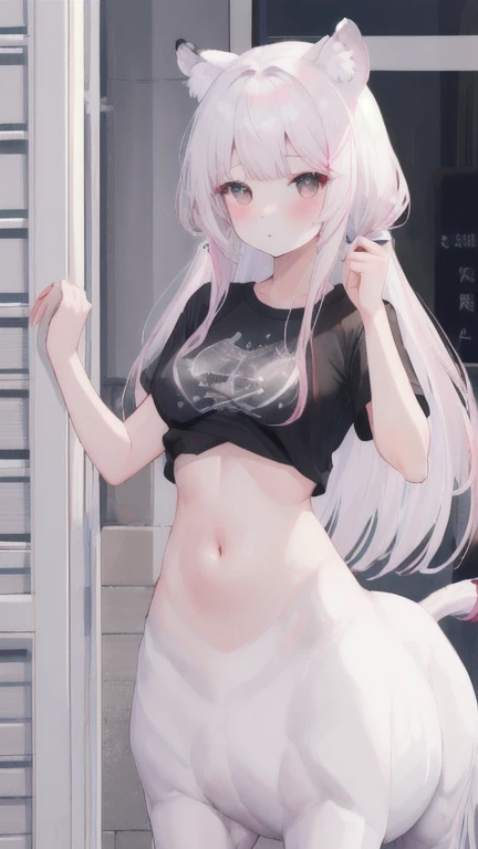 (best quality, masterpiece), 1 girl, centaur, It takes, White skin, Korean , ((23 years old)),black pink,Smiling, exposing the abdomen, belly button t-shirt , 아름다운 소녀 perfect white tiger photo, perfect white tiger photo