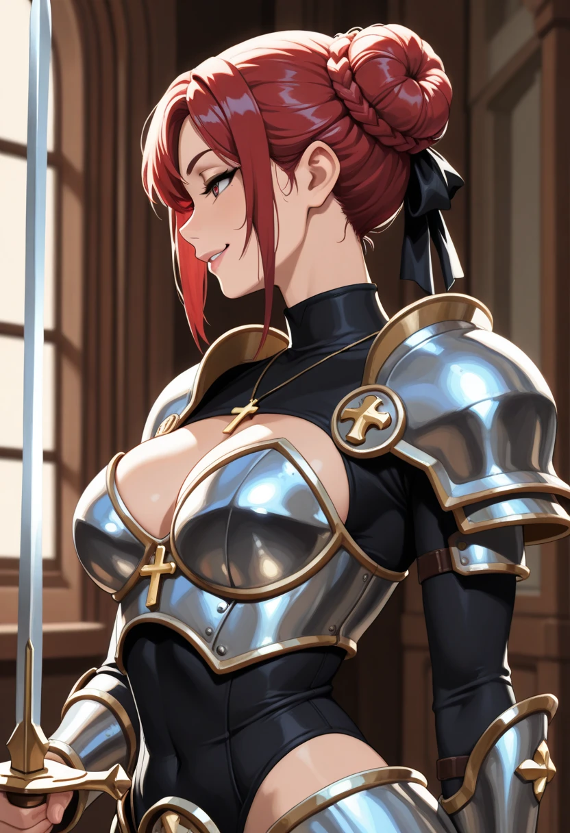 Maki nishikino, Purple eyes, red hair,boy and girl standing beside each other,(armor),Golden Armor ,Helmet, Powerful pose, breast armor,side hug, looking at viewer
