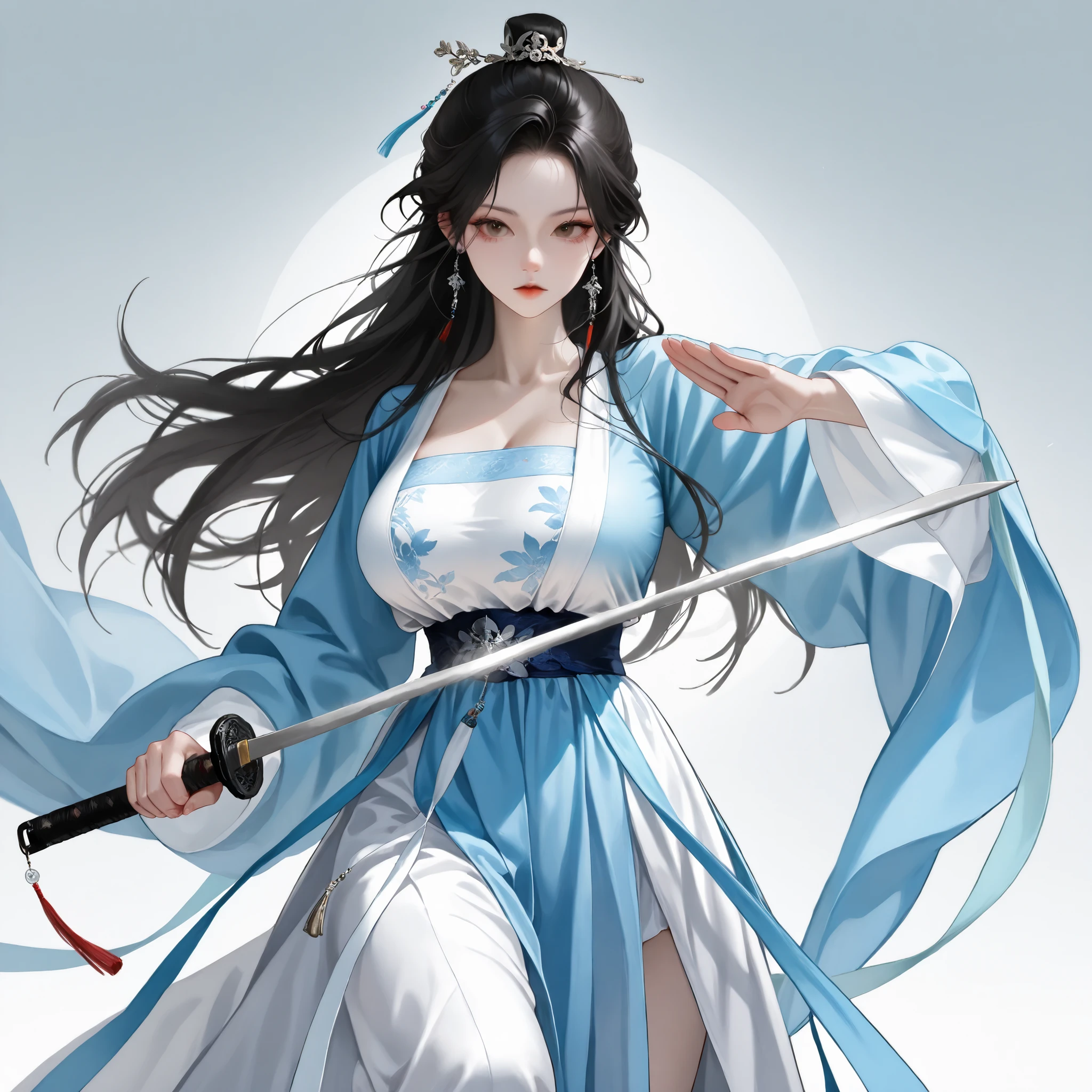 very aesthetic, 걸작, 고해상도, 8k 해상도, high contrast, (semi-realistic), newest, koreanai, RP-Illu, best_quality, finely_detailed_eyes_and_detailed_face, (1 girl, bishoujo), solo, long_hair, straight_hair, (slicked_side:1.4), ruanyi0759,blue dress,hanfu,jewelry,wide sleeves,white dress,, holding_sword, fighting_stance, martial arts, (humongous_breasts, huge_breasts, skinny, skinny_face, tall_height), brown_eyes, expressionless , black_hair