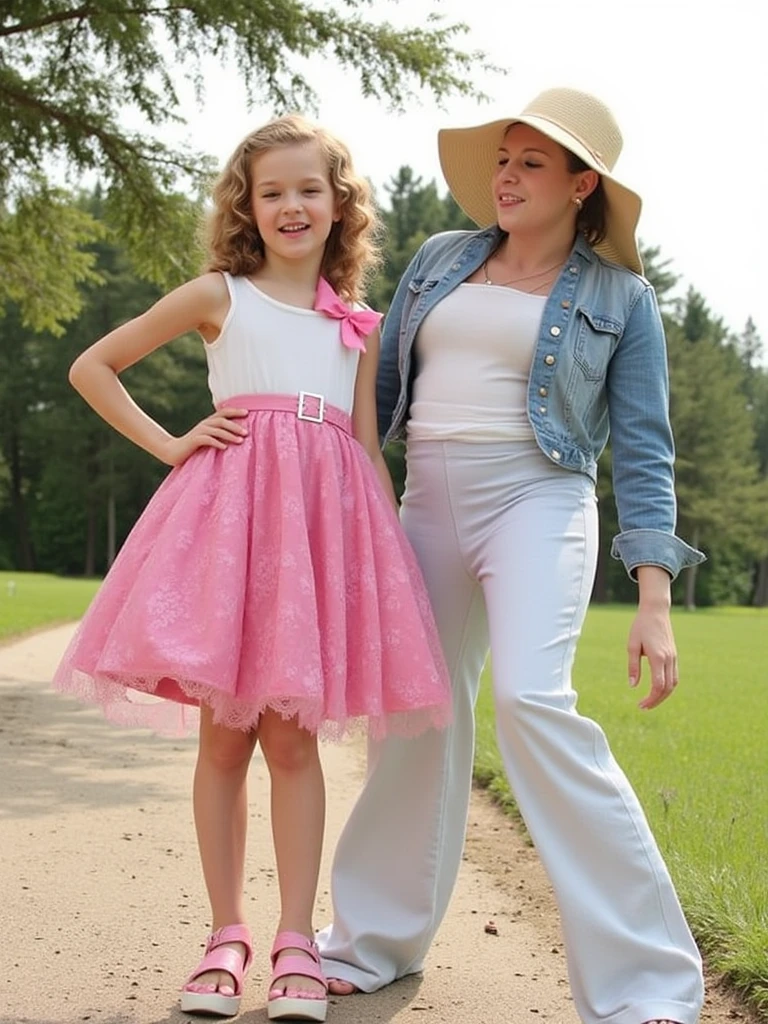 young mother with daughter in jeans with flounce in park, deep focus, vintage film grain, color correction retro style, soft lighting,