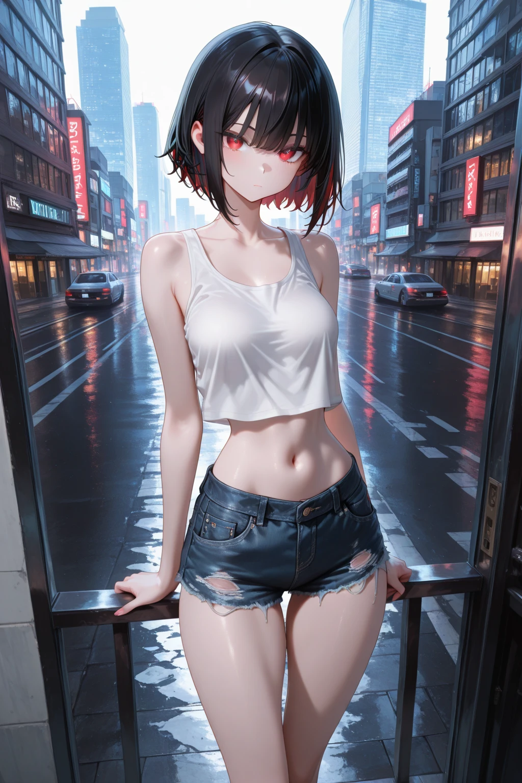 (8k, RAW Photos, Highest quality, masterpiece: 1.2), masterpiece, Super Detail,Best lighting, (Realistic and photorealistic photography: 1.4), High-resolution RAW color photos, Highly detailed mouth,1 young  cute girl, Background Blur, blush, Depth of written boundary, Hair between the eyes,short hair,(red inner hair with yellow hairpin:1.2),(red eyes:1.3),(Oily skin:1.1), (Embarrassed,smile),Black Hair,in the messy Restroom,glitter skin,short,young,,medium breasts,Looking at viewer,denim micro hotpants,black long socks,opened shirt,black sports bra,midriff baring,(she is walking nearby us on the pavement and talk to us:1.3)