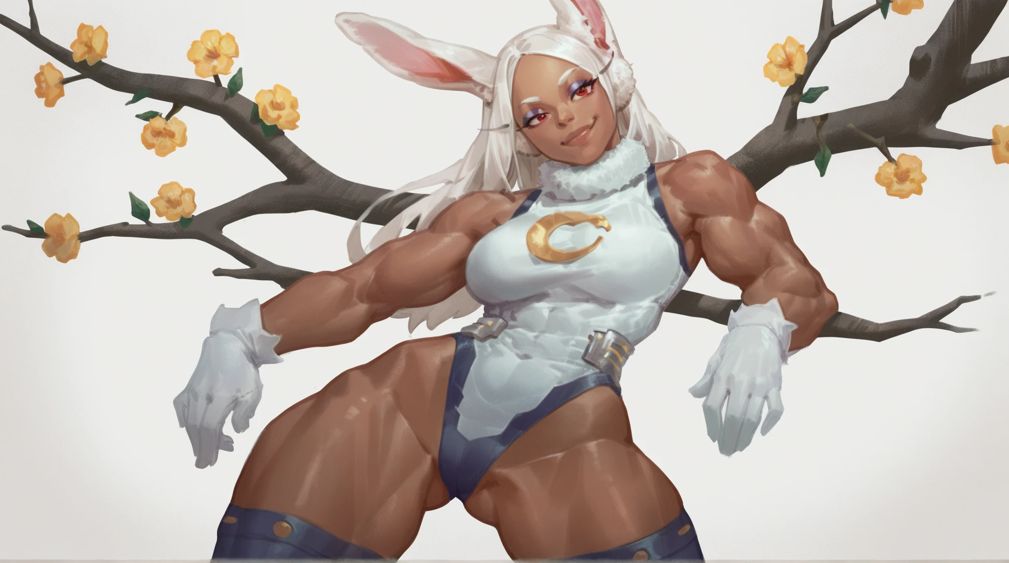 mirko mha, navel, dark-skinned female, bare shoulders, large breasts, blush, 1girl, rabbit girl, red eyes, collarbone, black pants, smile, parted bangs, thick thighs, animal ears, muscular, muscular female, abs, rabbit ears, looking at viewer, solo, white hair, long hair, full body, very long hair, sports bra, barefoot, wristband, pants, dark skin, cleavage, thighs, midriff
