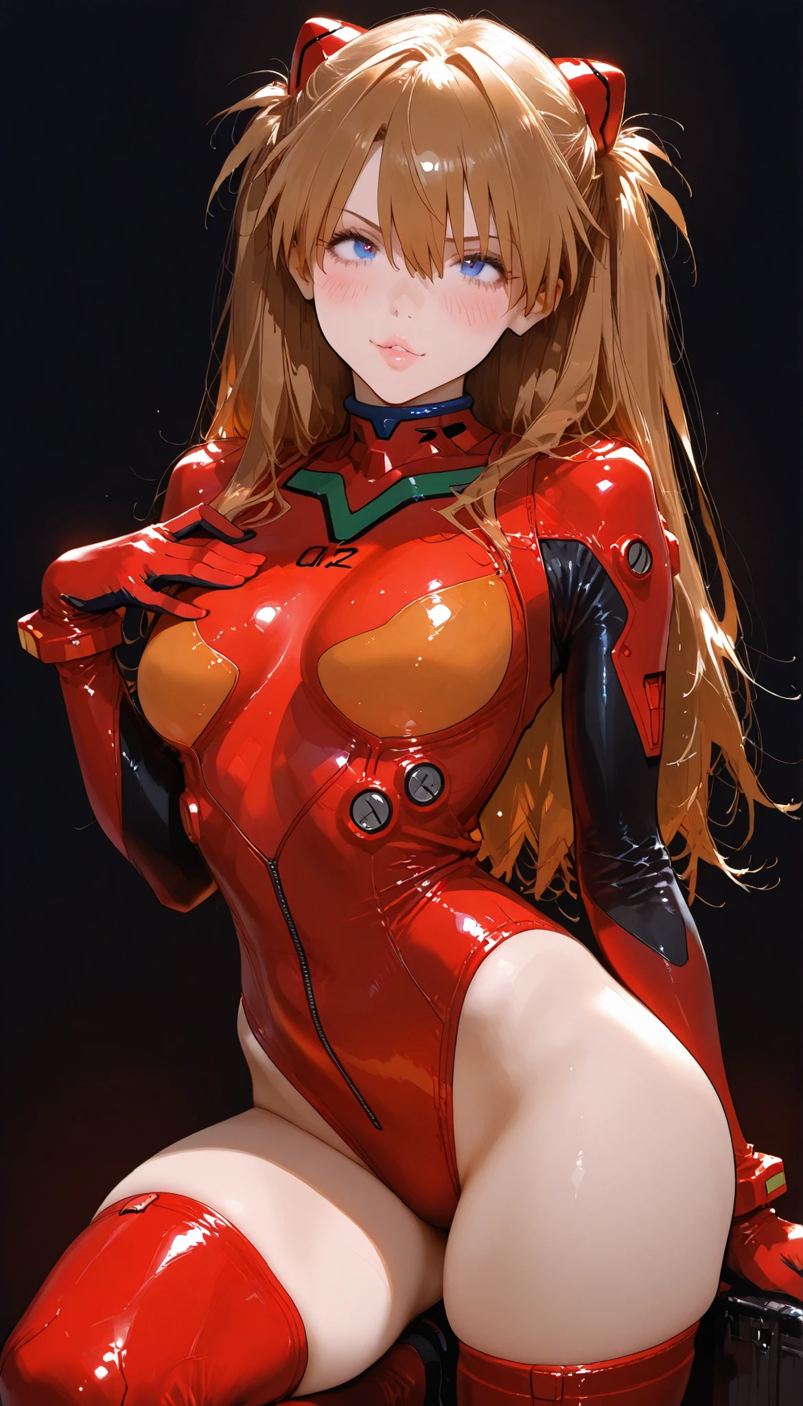 NSFW、(16k、Raw photography、top-quality、hight resolution、)、((biomechanical oppai,Red leather bondage , Seductive Anime Girl,Asuka Langley,Brown hair))、(finerly detailed face:1.3)、(masterpiece:1.4)、(top-quality:1.4)、 Beautiful fine skin、(cute little:1.3),(Complex fishnet stockings)、pin heels、Leather luster 3.0、((tthin eyebrows、long eyelashes、smil、二重まぶた、))、Beautiful skin、(Dark red bondage)、Real Photo Stick、Red BDSM Figure、Dark Red Bodycon、