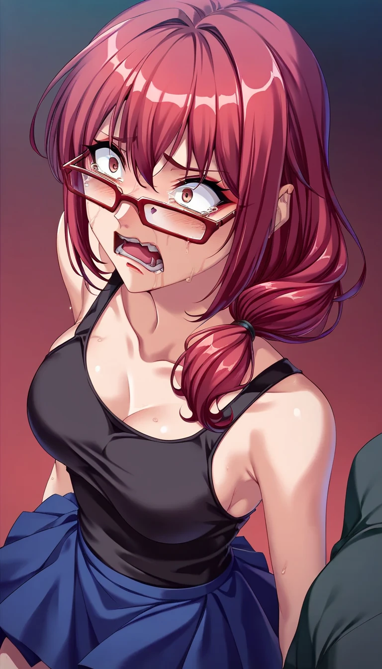 dull bangs、messy hair、Sloppy、cross-eyed、drunk、( fool / Sexual ecstasy)、Glasses、highest quality,  Beautiful charming anime girl, slender body, tied hair, one girl,wearing a hood,hoodie、ponytail、redhead、sex、stick out tongue、Bukkake、multiple、facial、rape、saliva、tears