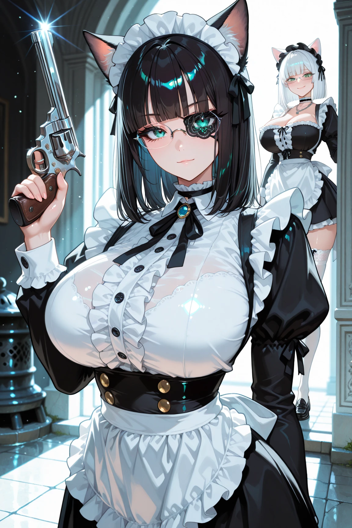 best quality, masterpiece, highres, solo, {black business suit:1.40}, {tie:1.20}, {sunglasses:1.25}, {white gloves:1.15}, {white shirt:1.10}, {black skirt:1.15}, {smoking:1.20}, handsome, {cheshire_azurlane:1.15}, multicolored_hair, streaked_hair, breasts, large_breasts, animal_ears, cleavage, maid_headdress, black_hair, aqua_eyes, smile, ribbon, wrist_cuffs, bangs, blush, maid, hairband, two-tone_hair, blue_eyes, aqua_hair, fake_animal_ears, short_hair