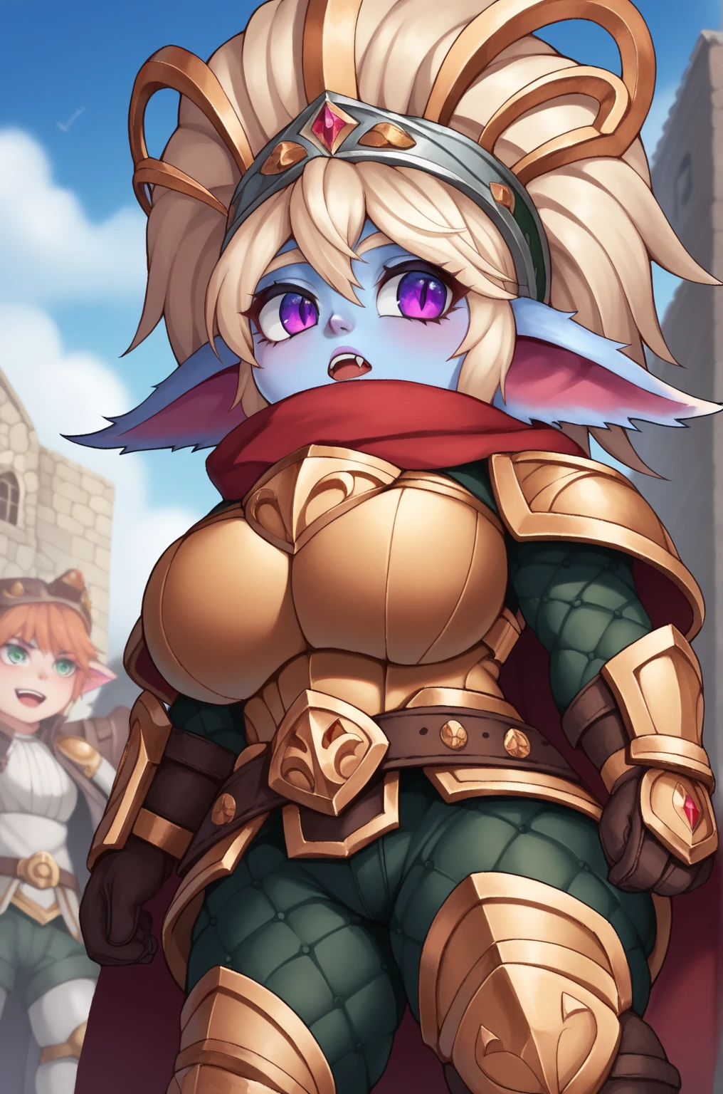 (solo, 1girl, cowboy shot), forest, poppy, poppy_lol, 1girl, (blue skin:1.4), yordle, (purple eyes:1.2), small legs, (thick arms:1.2), small body, big head, wide body, big thighs, (shortstack:1.2), breasts, big nipples, huge areolae, blonde hair, ponytails, furry, fluffy ears, blonde hair, red scarf, completely nude, smiling, vagina, full body, knightgirl, armor, gauntlets, shoulder armor, shin guards, thighighs, greaves, pauldrons, standing