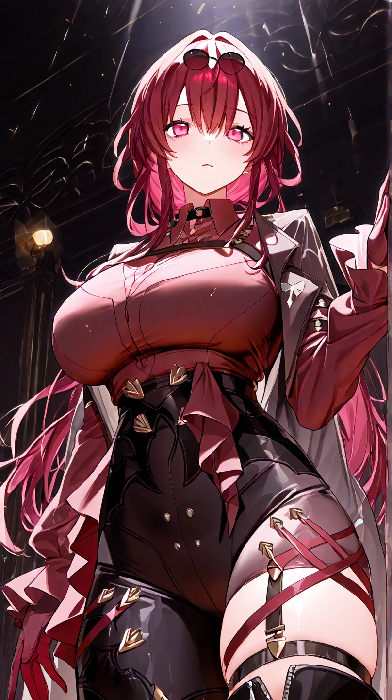 ((((Obra maestra, La mejor calidad, ultrahigh resolution)))), perfect anatomy, 1girl, long hair, red, orange eyes, bunny suit, blue bunny suit, Sweating, medium breast, navel, cameltoes, black stockings, fishnets, ponytail,