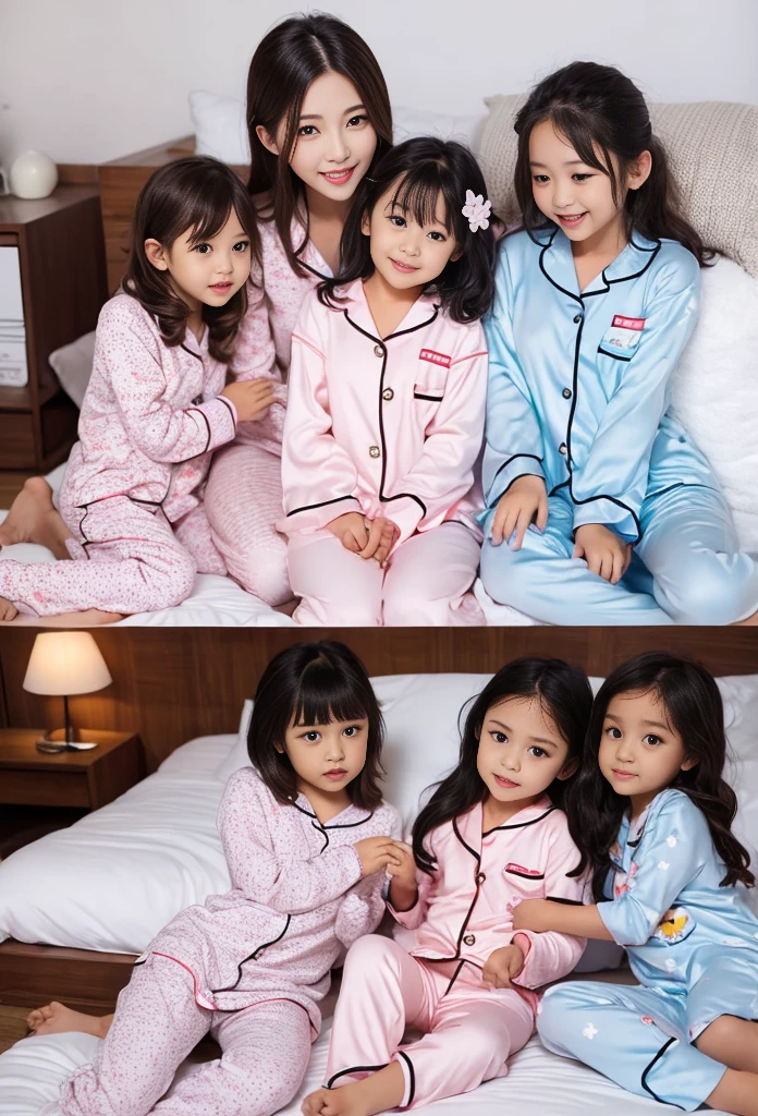 girls、primary school student、muscle、Bicep、pajamas、on the bed