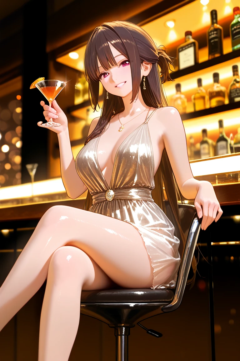 an adult woman, hip length brown hair, Brown eyes, in an expensive dinner setting, short gold dress with diamonds