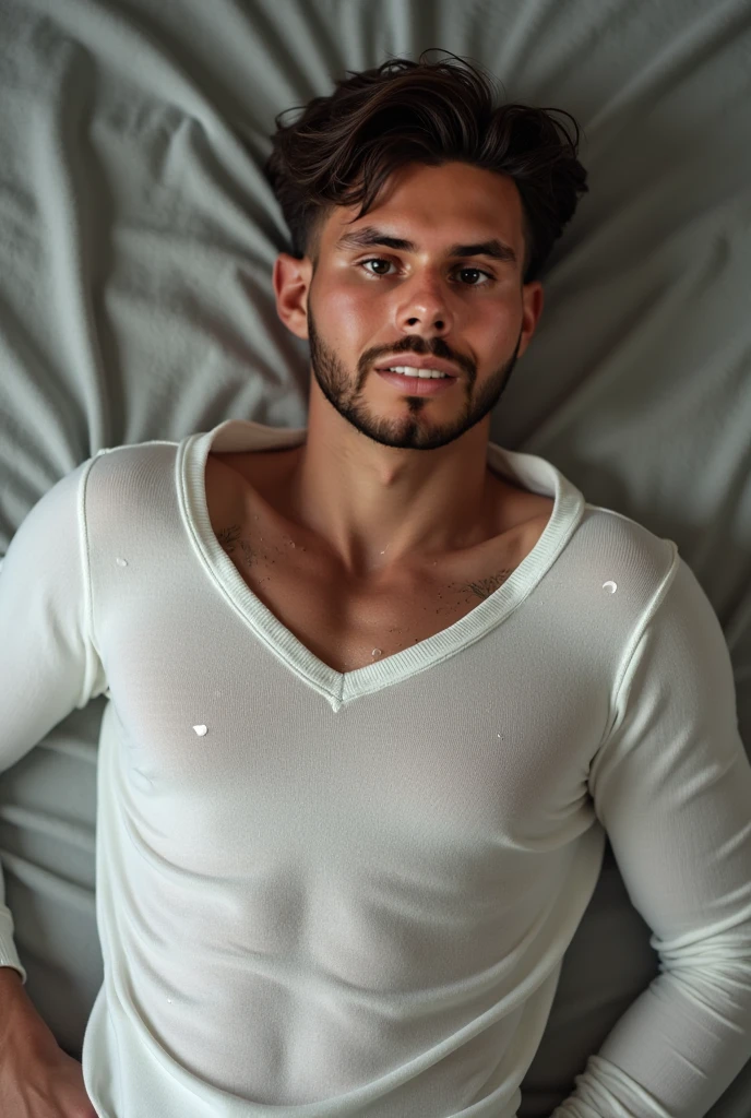 Masterpiece, denoise, void noise, one man, best quality, 8k resolution, male focus, focus only, amazing composition, volumetric lighting, super quality, elegant, Very detailed, front view, -----------, 35 years old, mature face, muscular, (((Caucasian white man))), (((white skin)), ((pale skin))), very handsome, (detailed light-blue eyes), ((dark brown hair)), big ears, (hairy), (scruffy beard), ((big pink nipples)), ((perky nipples)) ------------, (((blue jeans))), (((unbuttoned white shirt))), (((laid down on bed))), (((dark room)))