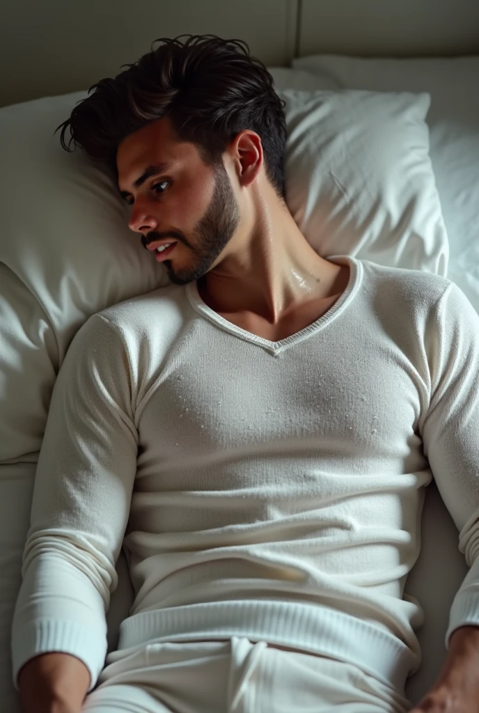 Muiz is lying on the bed wearing short underwear, there was a on his face and his sweaty body. She looks very hot and sexy.make it in a distant view
