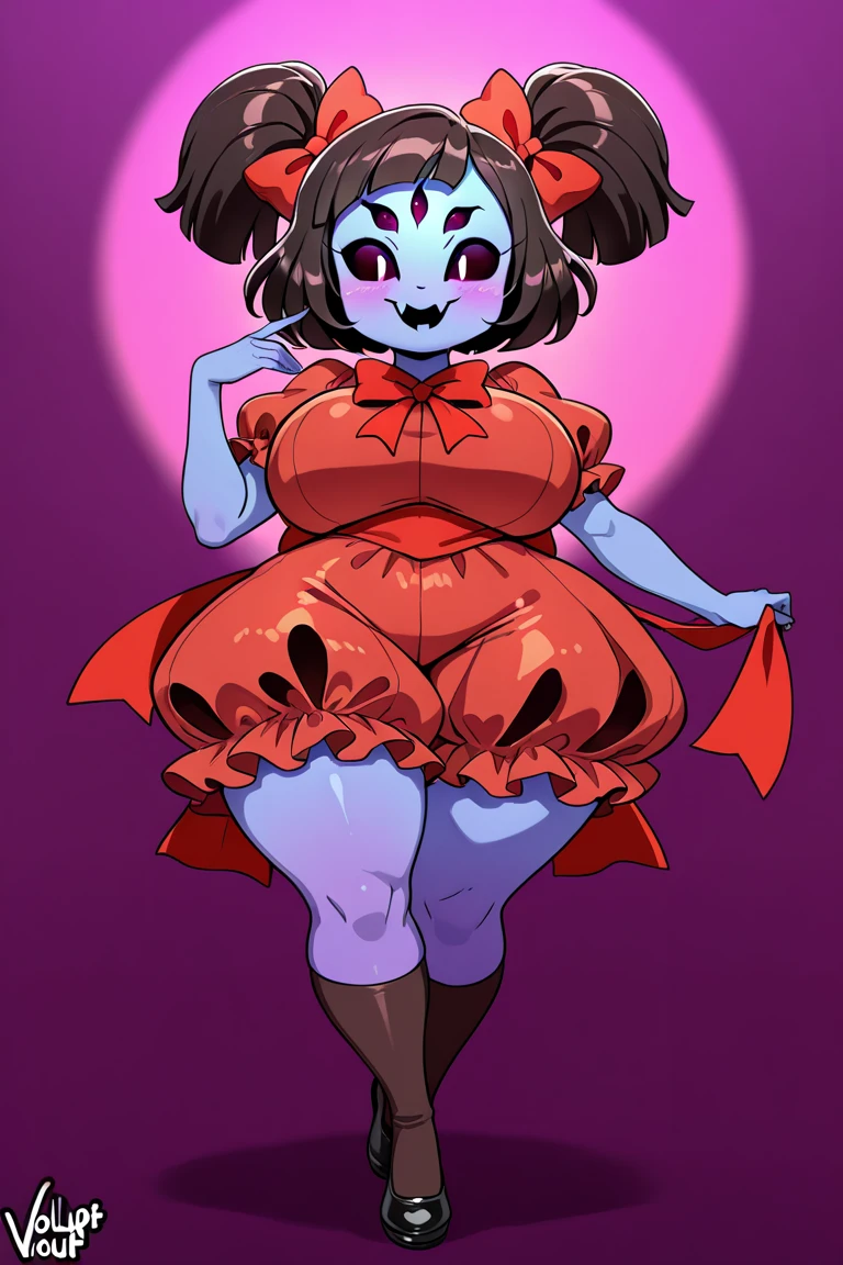 msaterpiece, best quality,
<lora:TheBoogie:0.8>, busty, curvy, large breasts, 1girl, solo, <lora:muffetv3:0.6> , anthro, monster girl, muffet, spider girl, arachnid, female, humanoid, 5 eyes, 6 arms, pigtails, purple body, hair bows, spider, arachnid, hi res, clothing, solo, hair, breasts, teeth, smile, ribbons, fangs