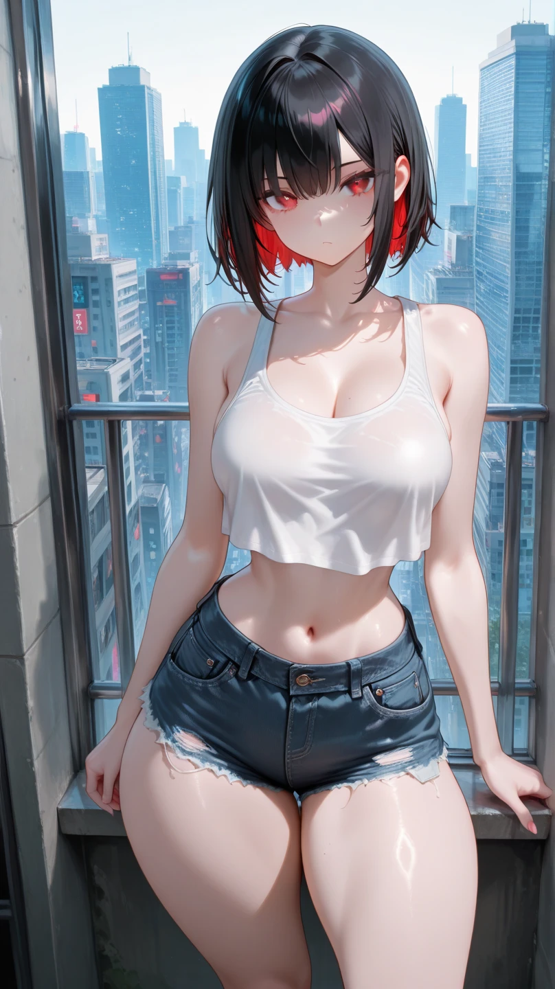 ((Highly detailed CG unit 8K wallpaper, masterpiece, High resolution, Highest quality)), (((Beautiful woman with dark hair, Model-like posture, Street fashion, Wearing a white camisole:1.2, Wearing denim micro mini shorts:1.2)), ((Highly detailed face, Highly detailed black eyes, Highly detailed body, Highest qualityのリアルテクスチャスキン)), (Short Bob Cut Hair, White skin:1.2, Exposed abdomen), (Brightly painted walls), (High Angle, Fisheye Lens:1.3), Surreal, Digital Painting,