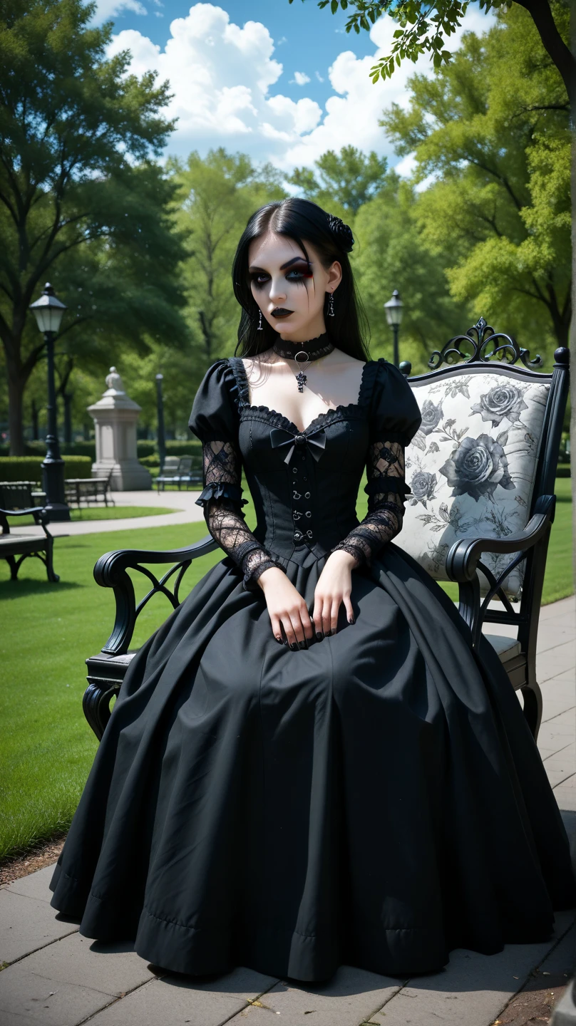 (medium full shot) of (enchanting gothiclolita) young woman, Medium build, long dark updo hair, african, dark skin, brown eyes, wearing a hair ribbons, black tiered dress with skull cameo accents, lace stockings, mary janes, pale skin, dark red lipstick, smoky eyeshadow, black eyeliner, lace choker, wrist cuffs, set in  Victorian Bandstand, Elaborate bandstand adorned with intricate wood carvings, surrounded by neatly trimmed hedgerows, rows of wooden benches facing the stage, towering cypress trees providing shade and a sense of intimacy , at night, woman smiling, ,Masterpiece,best quality, raw photo, realistic, very aesthetic