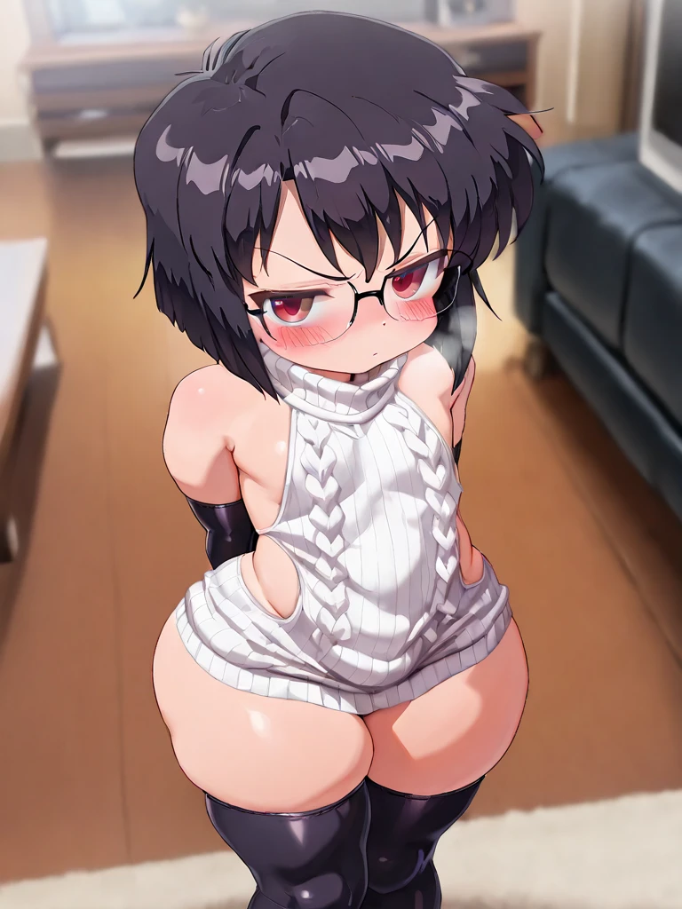 (masterpiece), (highest quality), ((Super detailed))、(super delicate)、Cute naughty peasant woman、Pastel colors hair、medium breasts、Thighs、Gorgeous、black hair, short hair, (low twintails:1.2), glasses, standard height, (anxious face:1,2、blush:1.2, quiet personality:1.2), (naked), nfsw, sweat, (cum in vaginal:1.3), vaginal sex