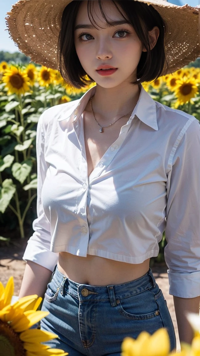 (((See-through white short-sleeved blouse))) (1若い女の子Very detailed美しい顔), (((Natural Makeup))),Great face and great quality:1.4), (Ultra-detailed), (Very detailed CG 統合 8k 壁紙), Very detailed,21 years old, High resolution raw color photos, Professional photography, Realistic portraits, Great face and eyes, Brown eyes,((Denim swimsuit)),(((Straight medium brown hair))), model, Depth of written boundary,,sit,smile,(Blue underwear),(((Quite small breasts))),(Small blue shorts),Spread your knees wide,,Sunflower field