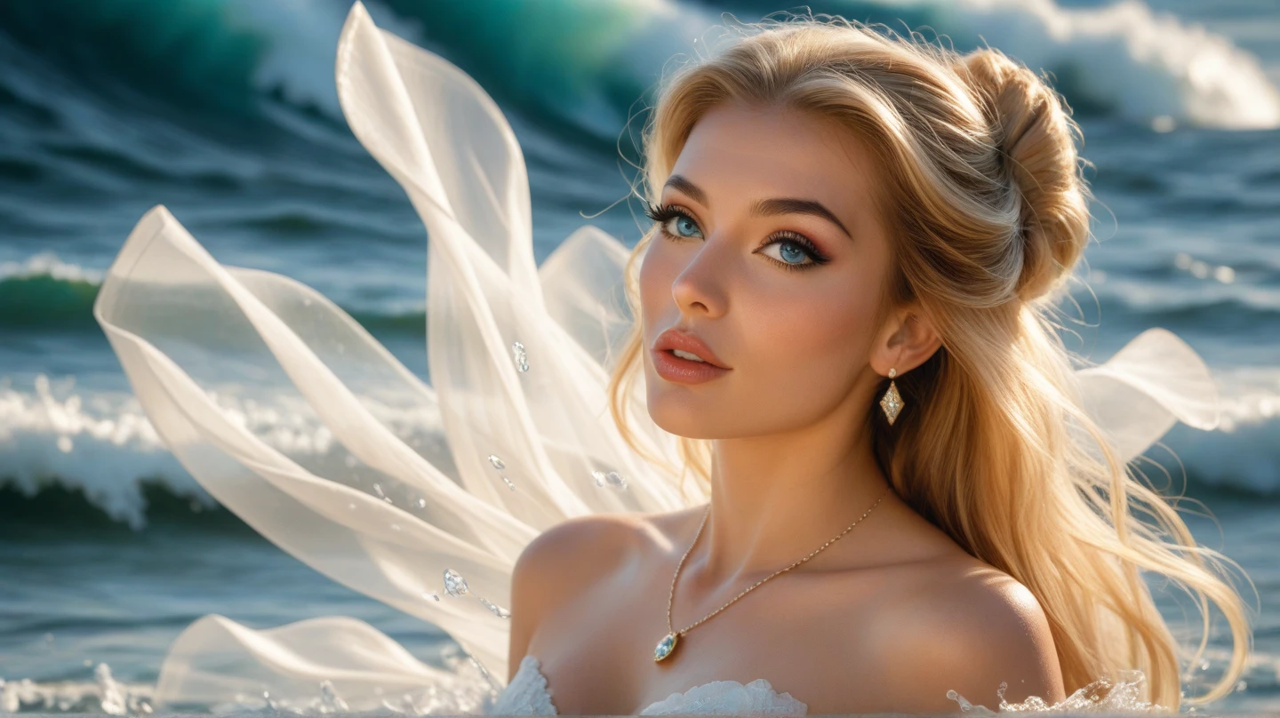 1girl, :d, aqua eyes, bangs, bare shoulders, beach, blush, bracelet, breasts, blonde hair, choker, cleavage, collarbone, dress, earrings, eyebrows visible through hair, hat, jewelry, long hair, looking at viewer, large breasts, , ocean, off-shoulder dress, off shoulder, open mouth, outdoors, ribbon, smile, solo, sun hat, water, white dress, white headwear