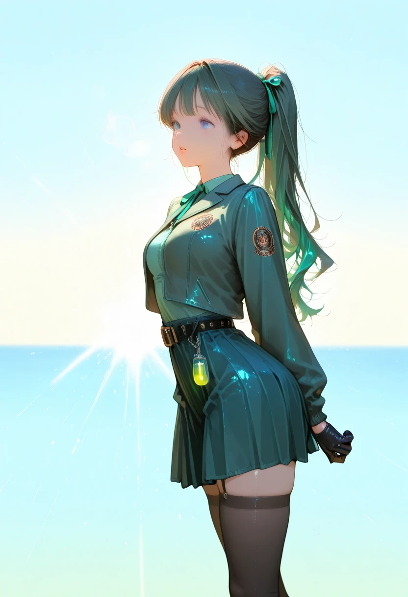 (((masterpiece))), (((best quality))), ((ultra-detailed)), ((extremely detailed CG unity 8k wallpaper)), (1girl) aqua left eye and green right eye, (short blue hair), (gradient to green), (transformed by machinery), knee robot joints, (((black pantyhose))), (white cloth),(artificial torso) ,(short skirt) black gloves with, high-heel shoes,{{mecha musume}},{{mechanical wings}}, {{mechanical legs}},((galaxy background)),((metal wings)),((close mouth)),ray tracing,(ray tracing,{highres}, original, {an extremely delicate and beautiful},,incredibly_absurdres,colorful,intricate detail,artbook,),Floating Cannon in the back,((glowing eyes)),(((beautiful detailed eyes))),,