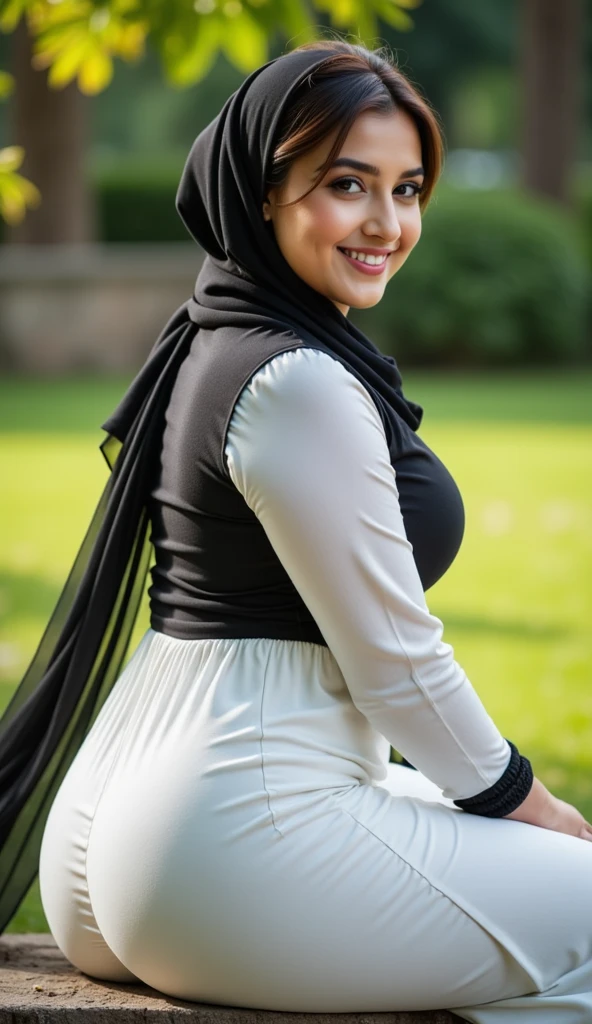12 year old turkish girl wearing hijab, white shirt, black tight mini skirt, white beautiful kneesocks in the park a sweet smile, big legs, short girl, fat legs