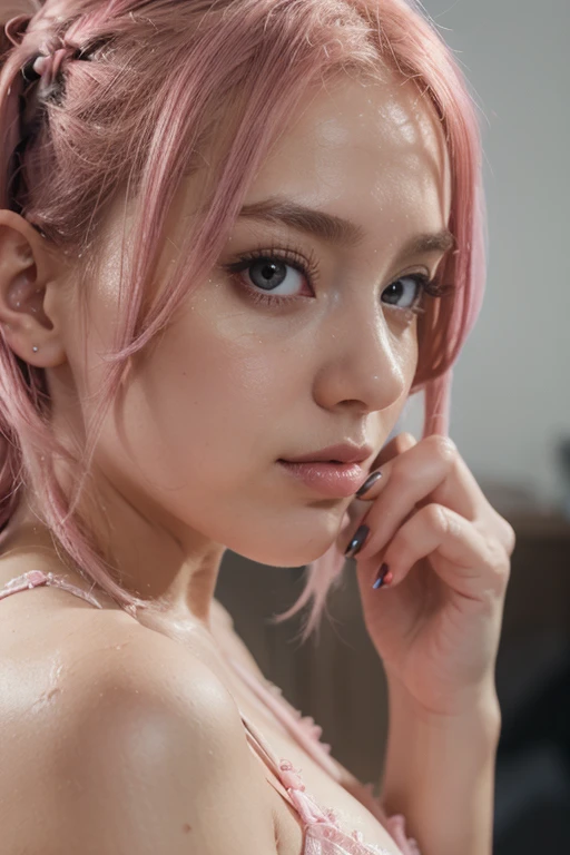 Sakura Haruno has shoulder-length pink hair, spread legs, she has emerald eyes, a sharp nose, white skin, and a soft face, (best quality, highres:1.2), 1girl, beautiful detailed eyes, beautiful detailed lips, extremely detailed eyes and face, long eyelashes, medium, HDR, studio lighting, g, sharp focus, physically-based rendering, extreme detail description, portraitig breasts, perfect shape, facing viewer, sweaty, gorgeous,   appearing in full frame, sleeveless turtleneck, 1young girls, good-looking, Beautiful fair skin and luster, Beautiful eyes are big and bright, Small mouth and thin lips,  Goodness of style and slenderneseautiful medium breast:1.5),  beautiful girl illuminated by seven colors of light, Irridescent color, nude, show vagina, vagina gape, squirt vagina hairly,  dildo in vagina, show nipples, medium breasts, show vagina, shadow +10.0, exposure +1.5, soft lighting body.