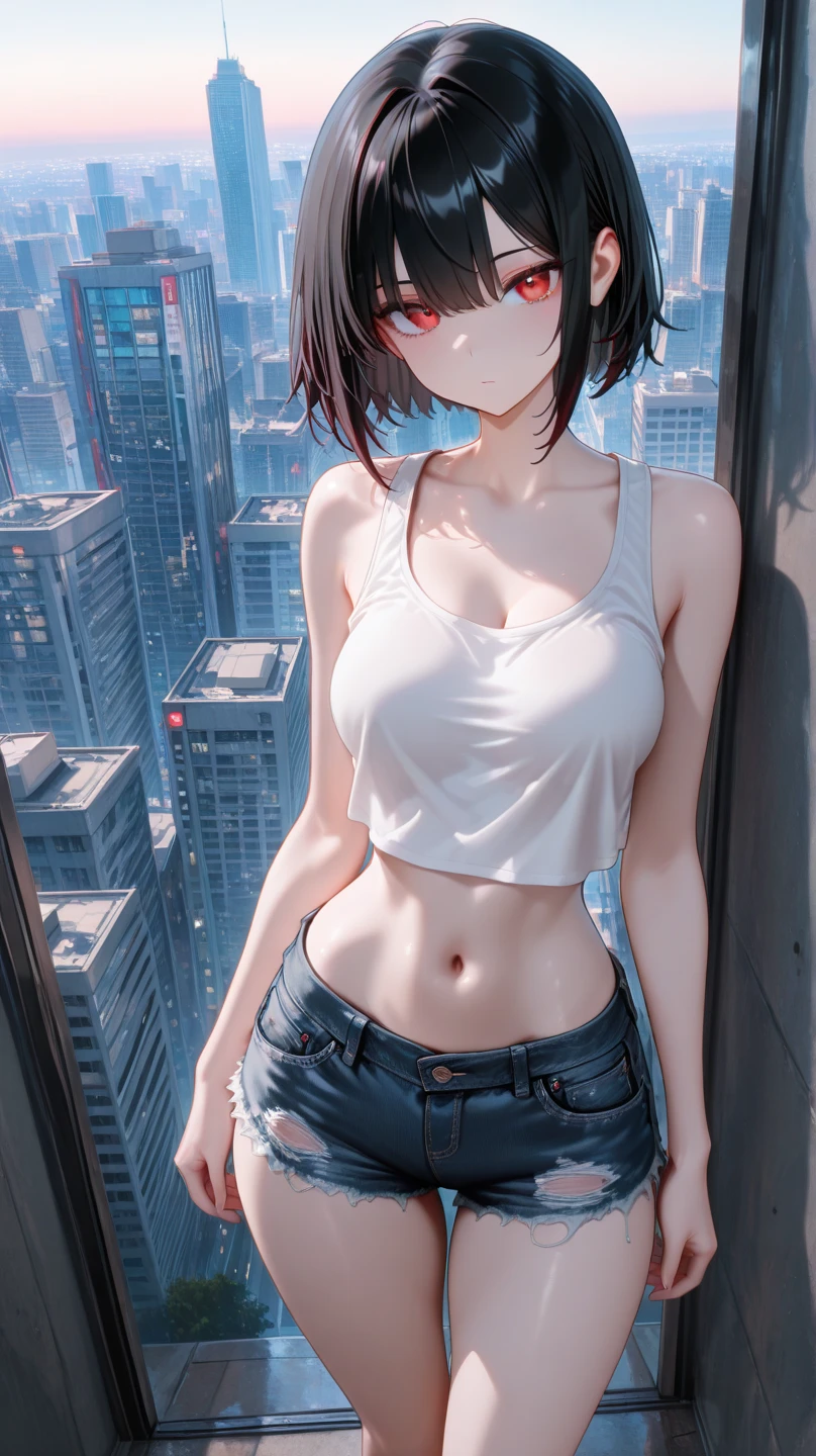 , 14 years old , short hair, black hair, red eyes, small, cute, sitting in the rain, wet, big breasts, wear glasses, white shirt , Showing your navel, fit clothes, White Thong,