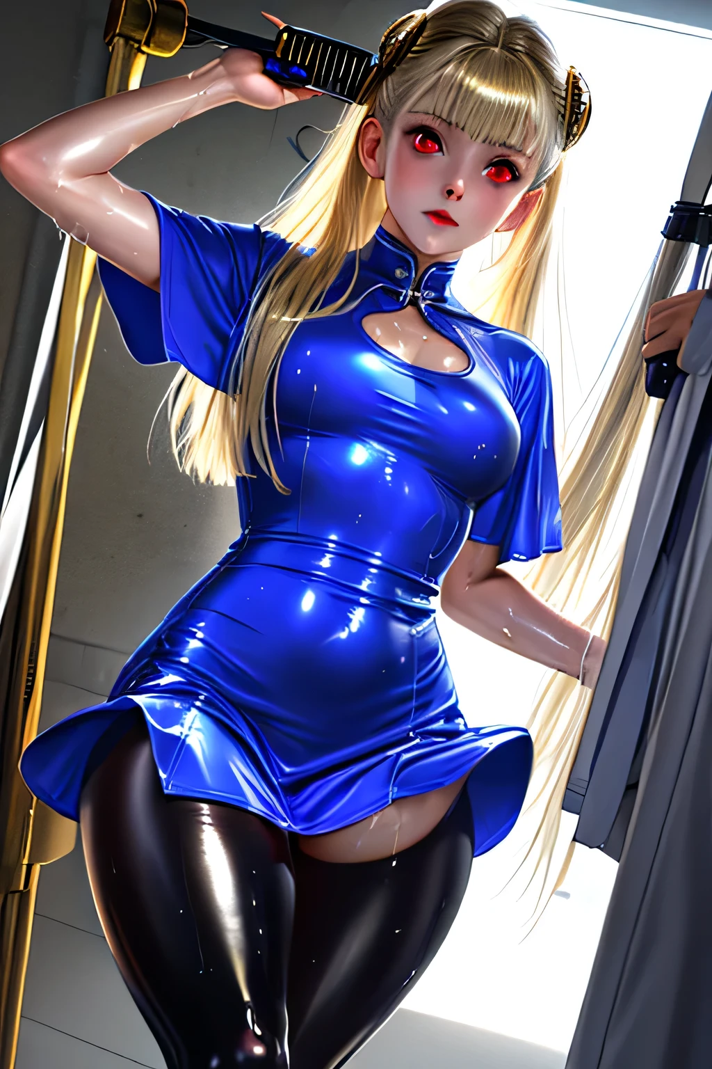 (masterpiece, Highest quality, 32K Wallpapers, Very detailed,portfolio),Blonde、((Huge breasts:1.8,Plump body:1.4))、((Latex nurse clothes、Long gloves in latex、Latex boots)),((Spread your legs and show your pussy:1.8)), nsfw,BDSM,bondage:1.6,The sheen of latex:2.0,Composition from below、At a dynamic angle