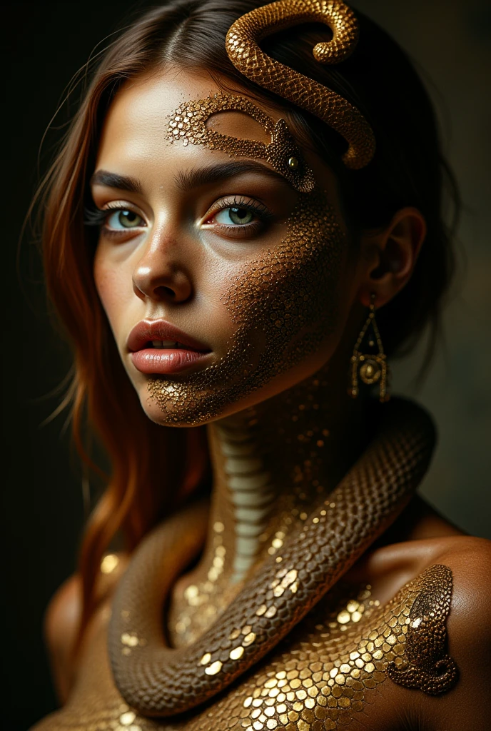 A Photograph showcasing the realistic & detailed beauty of an alluring sexy woman with lizard skin in a smoldering pose. Detailed skin. Illuminate her captivating features with a gentle play of warm and cool tones, creating a juxtaposition of sensuality and reptilian allure. Emphasize intricate textures and emphasize the seductive pose enhanced by subtle chiaroscuro lighting. masterpiece, high details, best quality, HD, realism.