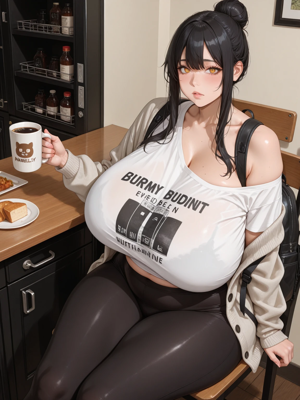 A girl with big breasts, Coffee brown Cyberpunk style clothing