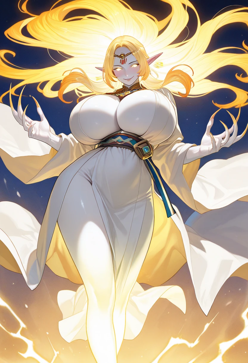 a voluptuous sexy busty mother who is insanely and extremely sexy cute pretty voluptuous beautiful pretty curvy busty hot sexy with an extremely shiny glass SNOW FAIR WHITE LUSH SILKY smooth lush plump glass glowing skin and perfect round cleavage and her INSANE tight perfect hourglass figure, her wide soft hips, and her skinny lush soft plump arms and her thick sexy SNOW FAIR lush legs and thighs, her big soft plump perfect round thick ass with her bright SNOW FAIR LUSH plump round cleavage and her glowing fair shoulders exposed along with her shiny GOLD long YELLOW BLONDE hair untangled and open hiding one of her eyes with her extremely insanely god tier cute irresistible smile kind gentle look on her extremely cute pretty face with her big shiny bright stunning blue eyes and her shiny black eyelashes and her two bright pink blushes and her bright pink puffy lips on her face and her pink shiny nails, looking at the viewer. The woman has no wrinkles, no tattoos, no signs of anything that's not unattractive but just raw god's given absolute irresistible other-worldly god-tier beauty possessing the most irresistible charm and beauty in all of mankind's history and future as she's the peak and epitome of a woman's elegance and feminine and her insane, impossible, and unimaginable levels of beauty the woman has, the woman stands straight in an alluring sexy feminine pose as she's wearing a bright yellow dress which is long tight and revealing cleavage with a white off-the-shoulder sweater on her with shiny brown high heels along with a red ribbon and small stars and a piece of small jewellery hanging on her hair with a piece of golden jewellery on her smooth lush snow fair clean tender soft smooth neck and gold bangles on her wrist and gold anklets with small bells on her two feet and gold earrings on her lush fair white fair ears and a gold belt on waist, SEDUCTIVE TEMTPING INTOXICATING BLUSHING EXPRESSION, flowers on hair, standing, eyes wide open, show full body