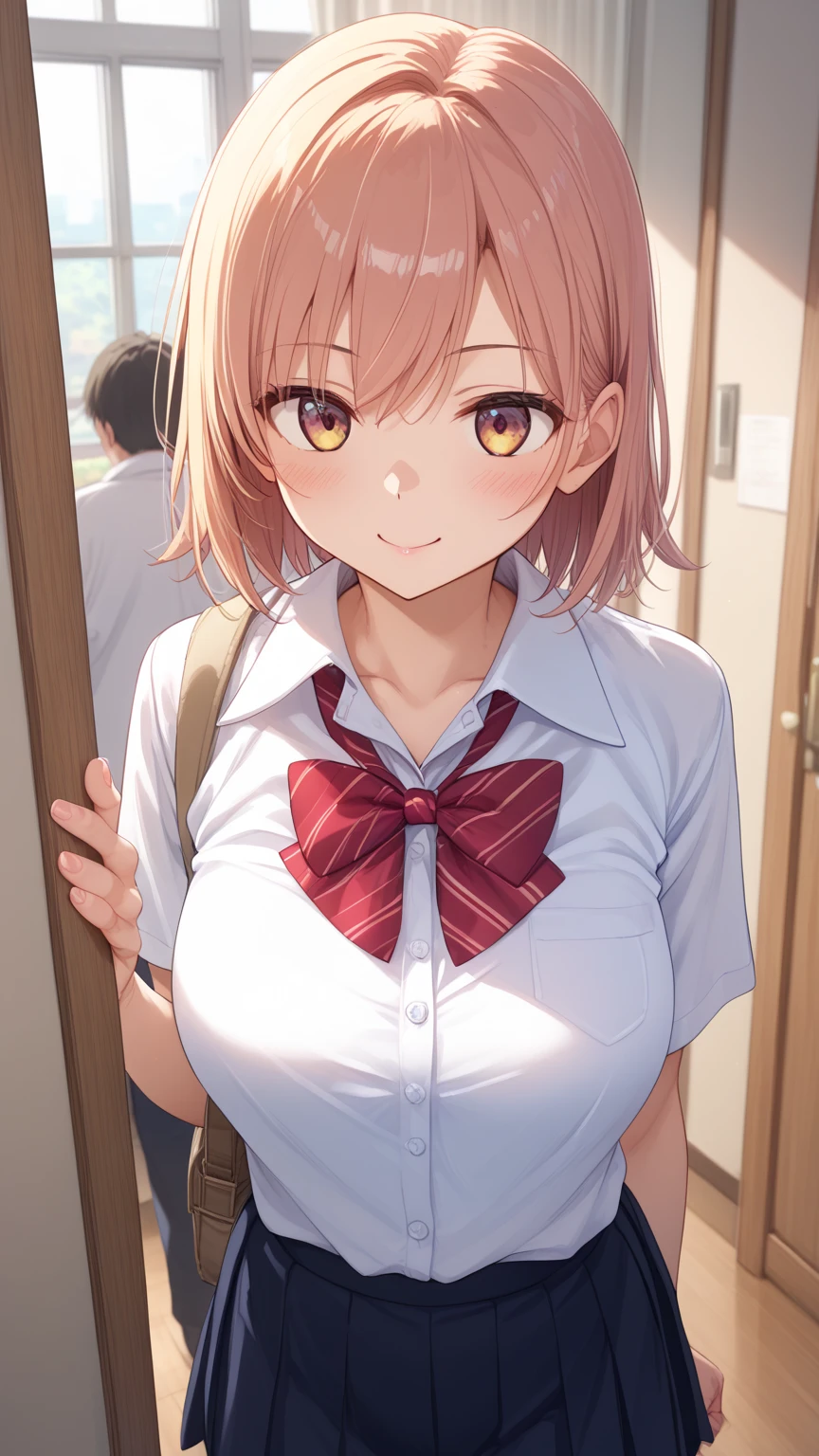 masterpiece, Highest quality, High resolution, Very detailed, Detailed Background, Cinema Lighting, One Girl, shirt、Red ribbon on chest、Large Breastsの腫れ、Check skirt、Micro Mini Skirt, whole body, Day, Day光, Outdoor、very cute and beautiful girl,,(Very detailed美しい顔),(smile),Happy,(Micro Mini Skirt:1.2),((Cleavage、Thin thighs))、(((Fluttering skirt、You can see her white panties))) Dynamic pose,School classroom, (Highest quality,masterpiece:1.2),High resolution,Very detailedな,Very detailed,32K,8k resolution, Intricate details,Movie-like scene,Detailed Background,alone,Dynamic Angle,Beautiful and detailed sky、(((yuigahamaYui, short hair, Single hair bun, 、yuigahama yui、Red eyes, Small Head, clavicle、Large Breasts、明るいsmile、Greet by placing your right hand next to your face、Hair color is light brown)))