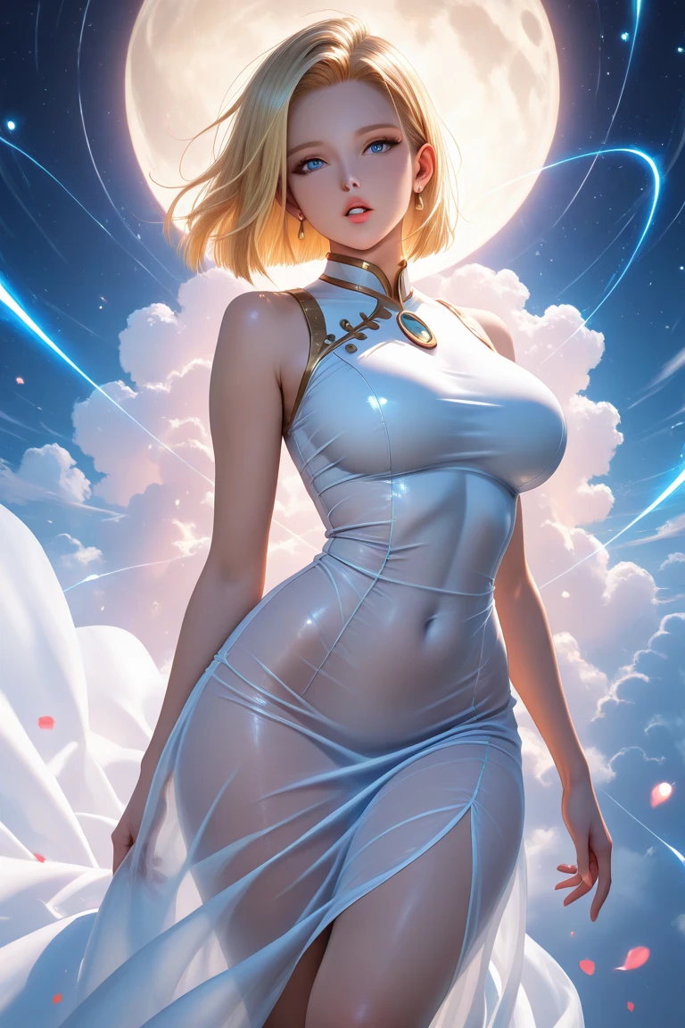 Absurd resolution, high resolution, (masterpiece: 1.4), super detailed, girl alone, from above, future, psychic powers, legend, universe, floating, blonde, petite, super short hair, space-time, (perfect body: 1.4), sparkly blue colored eyes, long boots, white and blue costume, gloves that are up to the elbows