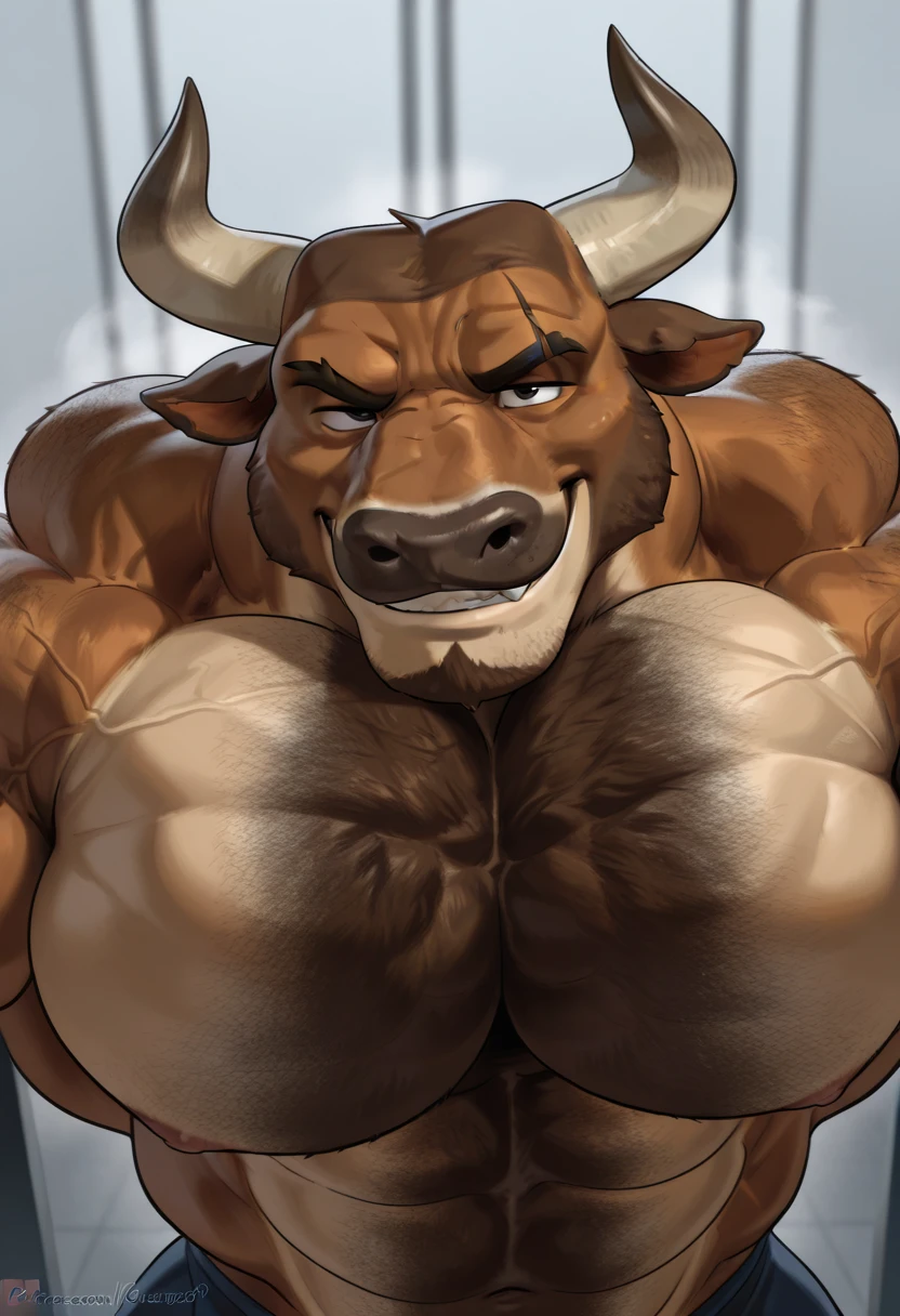 4k, high resolution, best quality, perfect colors, perfect shadows, posted on e621, (close up, portrait, upper body shot), furry body, solo, anthro brown bull, (monotone brown fur, anatomically correct bovine tail:1.3), male, (middle-aged, mature:1.2), (curved bovine horns), (short full grey beard:1.6), grey hair, (massive strongman, heavily muscular, beefy, veiny, buff, manly, masculine:1.4), correct anatomy, (photorealistic fur, detailed fur, epic, masterpiece:1.2), (by Taran Fiddler, by Chunie, by Rukis, Bonifasko lighting), detailed bull eyes,, ((arms crossed)), best posture, smile, spotlights, (bulge:0.5), smoky room backdrop, detailed speedo, big underwear bulge