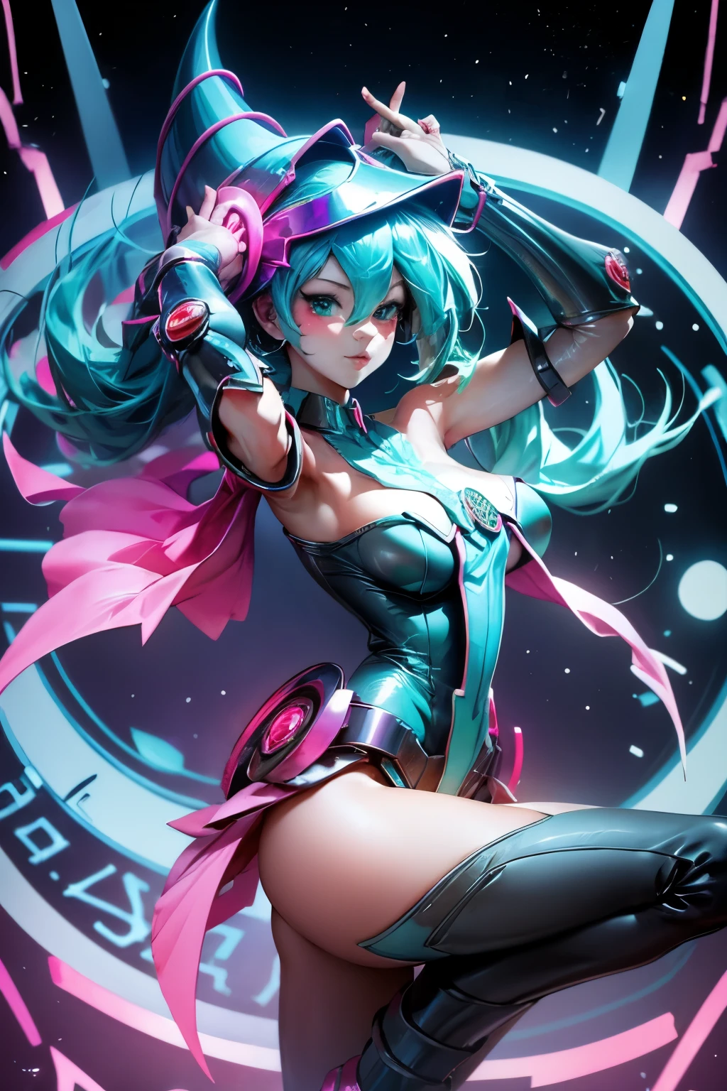 Hatsune Miku disfrazada de dark magician gils. Pose sensual y seductora. Fondo de magia