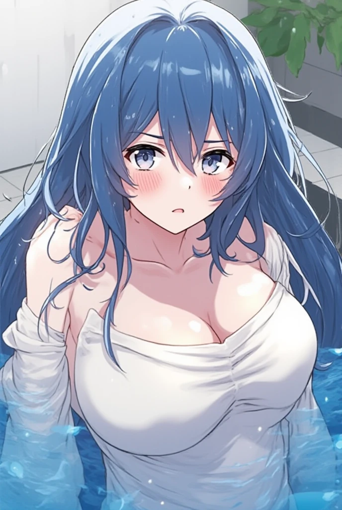 1girl, solo, (blue hair, long hair, bangs, blue eyes, cute face:1.0), (large breasts, muscular arms, muscular shoulders:1.2), (white shirt, cleavage, sleeveless, bare shoulders, bare arms, denim shorts), indoors
