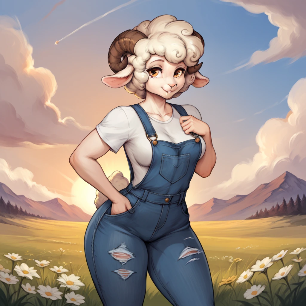 score_9, score_8_up, score_7_up, score_6_up, score_5_up, score_4_up, best aesthetic,high quality, 1girl, sexy, lewdua, dark skin, huge breasts, farm background, cowbell, goat horns, white hair, sheep girl, blue eyes, bent over, goat tail, blue shirt with trim fur, no pants,
