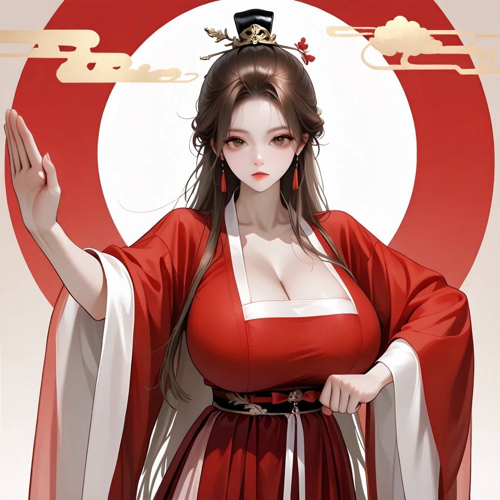 1 Woman, mature, High (1.85 cm), looks about 35 years old, has long black hair, straight and shiny, tied in the Chinese Taoist style, majestic black eyes, Extremely detailed eyes, perfect eyes, đôi mắt cực kỳ thực tế, balanced eyes, Long eyelashes, Anime style, perfect face, milf face, full red lips, mature, smooth white skin, natural body, sexy body, milf body, Perfect hands, detailed hands, arms in proportion to the body, đôi tay thực tế, arm with good anatomy, She was wearing only a red Chinese style dress decorated with gold and silver with phoenix motifs woven into the dress but still could not hide her extremely large and gigantic breasts., very big breasts, four hands can lift,breasts sag due to their size, thick thighs, wide hips, look at the viewer, The background is a Chinese-style pavilion., pose alone, look at the viewer.
