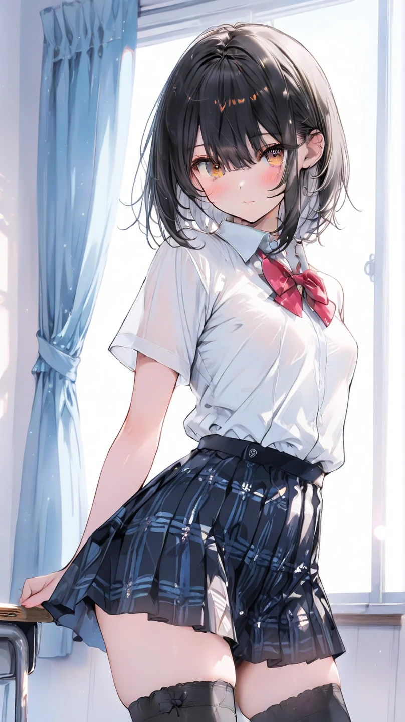 (masterpiece, best quality),
1girl, standing, undressing, hands on chest, cowboy shot,,
BREAK girl, 18yo, (medium breasts:1.1), black hair, (medium hair:1.2), (curly hair:0.9), blunt bangs,
pink eyes, ultra detailed eyes,(tareme:1.1),
half-closed eyes, blush
BREAK (school uniform), (white collared shirt, plain pattern shirt, short sleeves, white sleeves, shirt tucked in:1.2), (red plain pattern neck ribbon, narrow neck ribbon:1.1), (open clothes:1.2),pink bra
BREAK (black and grey plaid pattern skirt:1), (pleated skirt, miniskirt:1.2),
BREAK office,