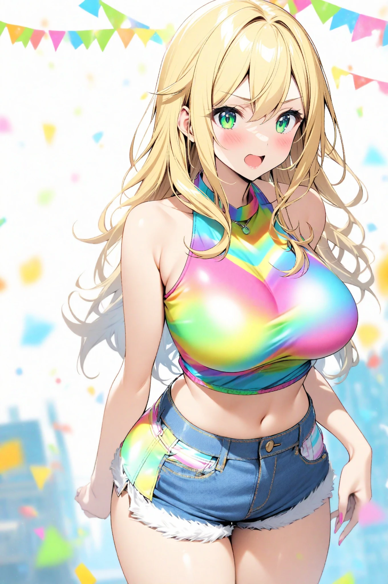 (Highest quality, high resolution, 8k:1.2),(anime:1.2), beautiful eyes, highly detailed face, detailed CG, 1 girl, gyaruko, big breasts, smiling, (From Behind, Neon Garland, Underwear, Lace, Tattoo, Mesh Tights, Short Denim Shorts, 8K, Curvy Hips), glowing skin, looking at the audience, dynamic pose, dynamic angle, solo,