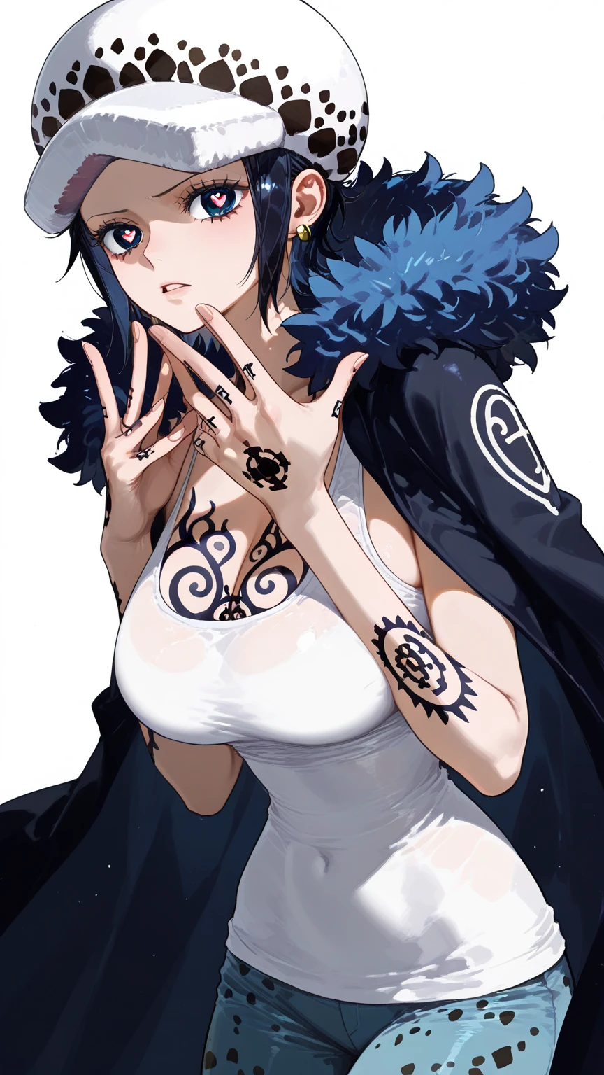 masterpiece,best quality,8k,highres,
1girl,femlaw, solo, looking at viewer,cleavage,tattoo,<lora:Trafalgar_lawV3-10:0.8>
<lora:envybetterhandsLocon_beta2:1>, midriff,coat on shoulders,jeans,fur trim