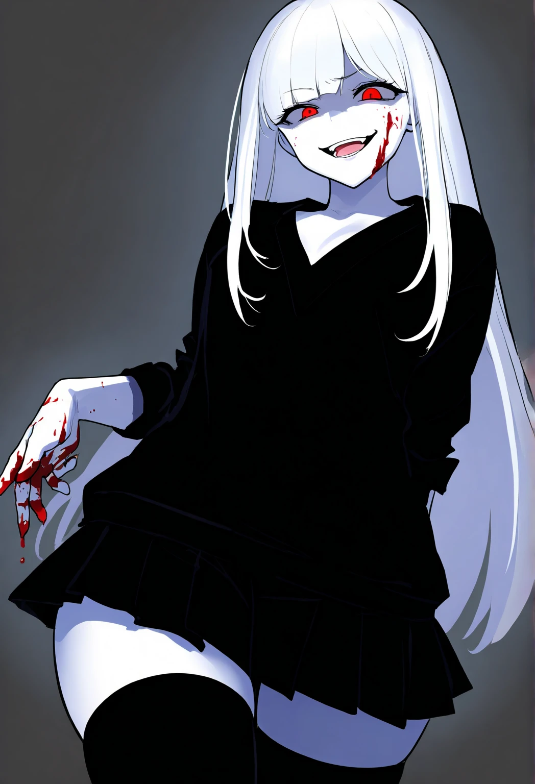 Vaggie, 1girl, gray skin, white hair, pink sclera, yellow pupils, long hair, white dress, pink and white striped stockings, hair bow, black ribbon on waist, long gloves, perfect anatomy, solo, zombies, ((multiple boys)), ((crowd)), glowing eyes, undead, ((horror)), blood, zombie apocalypse, ruined city