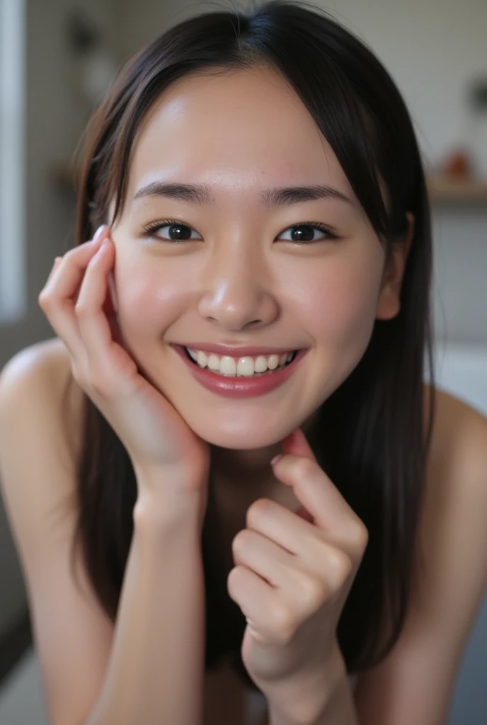(((((upper body shot))))),(((((Nude))))),((((nipples)))),(((sagging breasts))),Ultra-high resolution,big eyes,Japanese,(forehead),(a girl),(1 girl),((17 years old)),((cute)),pretty,earring,((facing at viewer)),grin