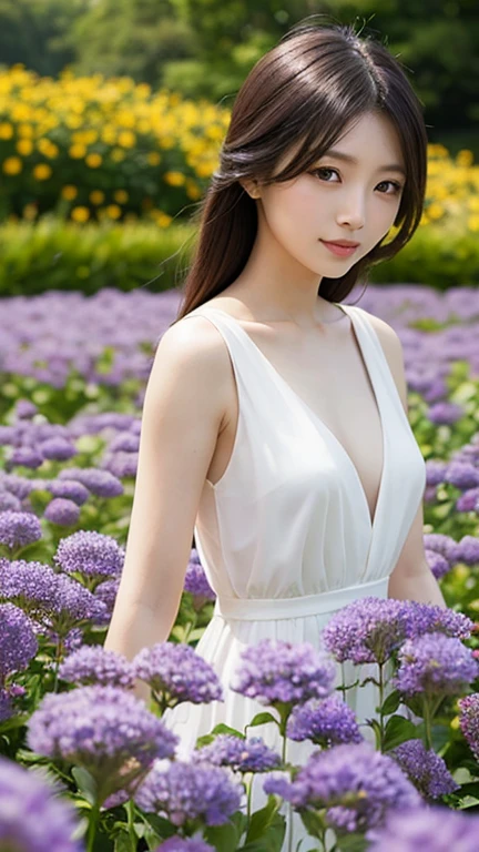 cleavage,Best quality, masterpiece, ultra high res, (photorealistic:1.4), raw photo, 1girl, white dress, off shoulder, blue flower field, glowing skin, light smile