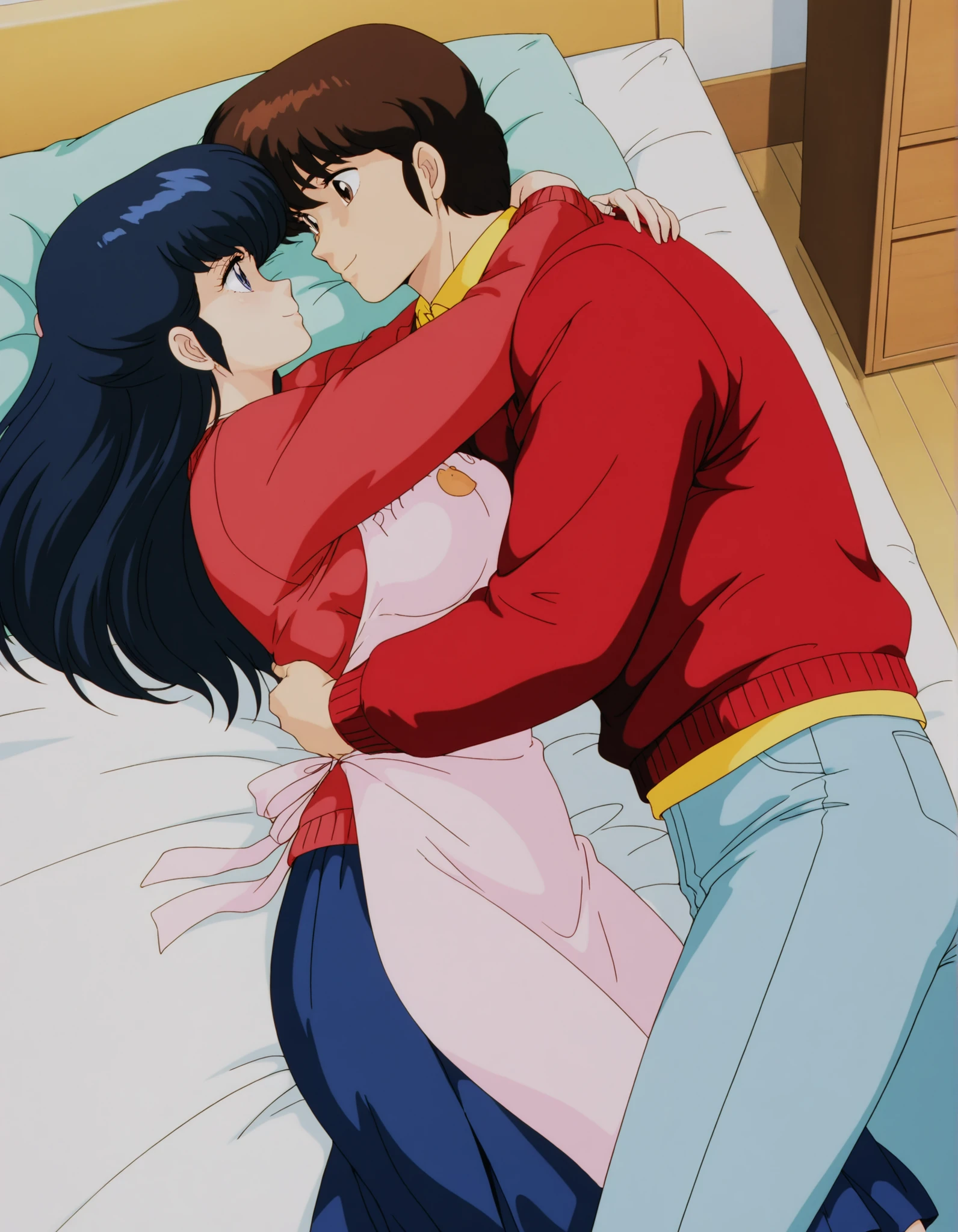 1 young male, Red face, Black Hair,Shedding bangs to the right, Young man behind the girl, Touching the chest, Rubbing breasts from behind, grab, grabbing chest,chestgrab behind back, Remove your bra, Gripping the chest, Embrace, Embrace, Kiss on the neck, One Girl, Black Hair, Waterfall knitting, Red ribbon, Long Hair, Green Eyes, blue star necklace, Light Cardigan Pink, Open shirt, yellow shirt open shift, belly button, white bra, white Panties, cute, Open your mouth, whole body, Long sleeve, Cowboy Shot, masterpiece, On a date, Blushing, Bedroom, night, Sit on the bed,