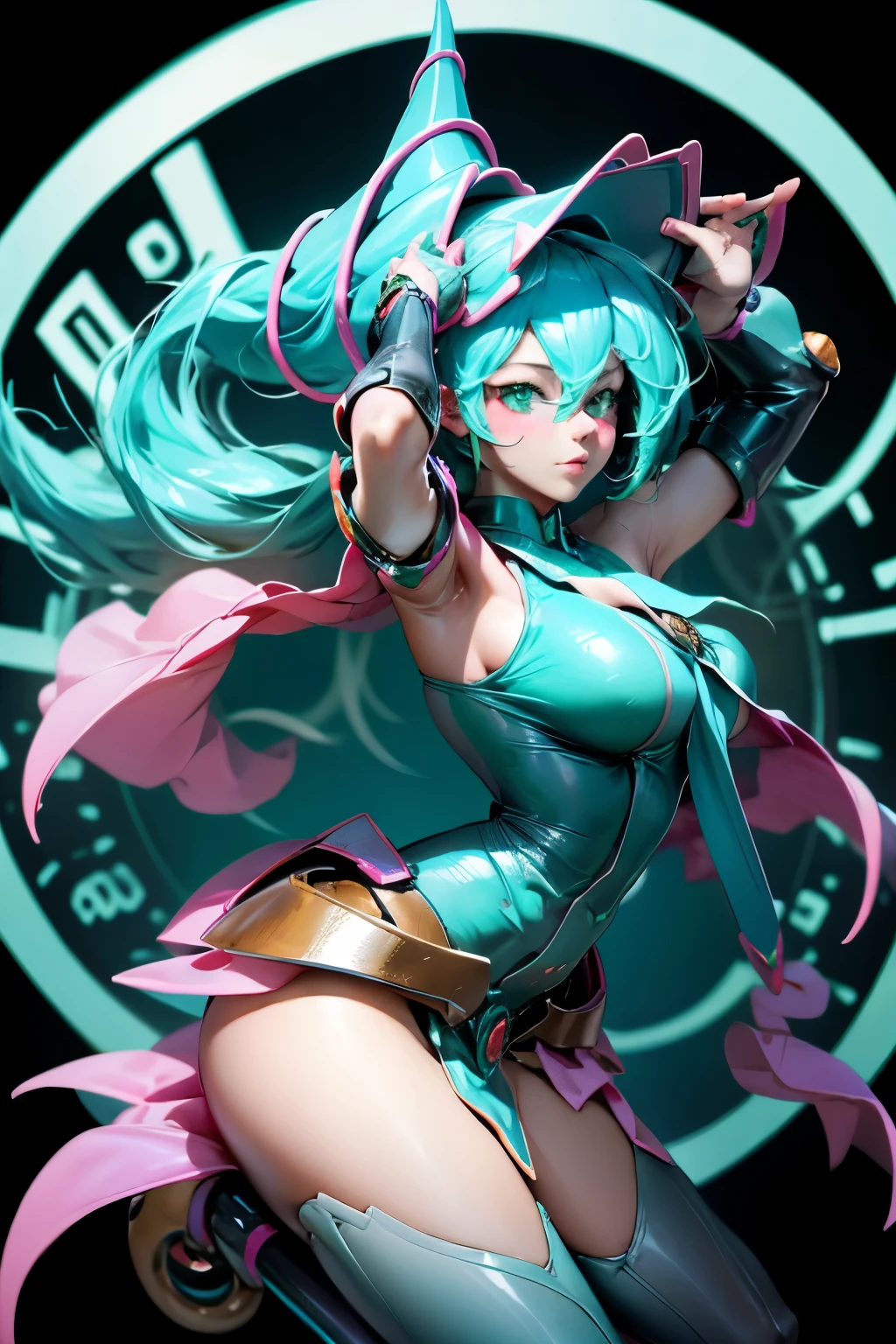 Hatsune Miku disfrazada de dark magician gils. Cabello celeste extra largo. Ojos verdes. magic circle background. Pose sensual y sejustiva.