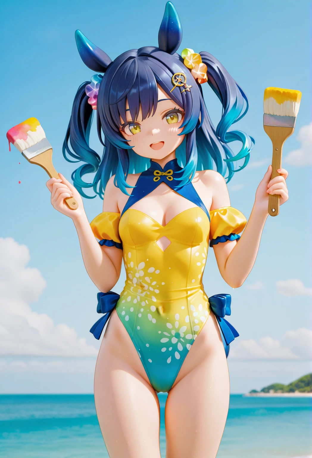 See through(8 Year Old)、Long Wavy Hair、Close up shot of buttocks looking up from under the ground、Realistic、((8 Year Old))(1. Glowing Skin.4)、Shining sweat、Wearing a lemon yellow swimsuit,,Accentuate your cleavage,Face reality,lips are a little red,Cheeks are a little red,Sexy,Pool