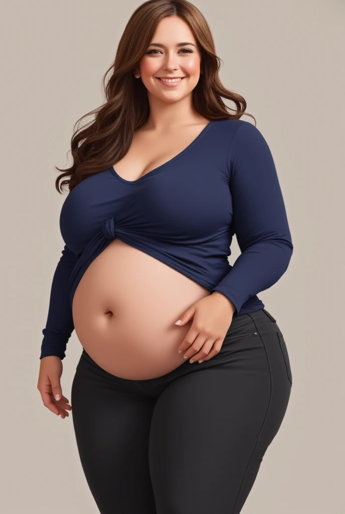 a close up of a person with a very large belly, photo from the front, full growth from the front, centered full body front-shot, photo taken from front, taken in the early 2020s, showing her shoulder from front, seen from the front, photo still of frontal view, half body cropping