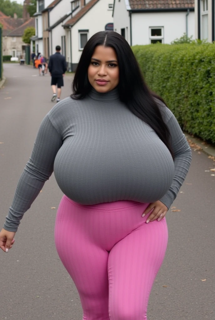 Meisterwerk, Beste Qualität, attractive woman, slim waist, huge heavy breasts, white t-shirt, tight trousers, long wavy hair, walking in the forest, wide angle shot, full body shot, full person view, summer time,