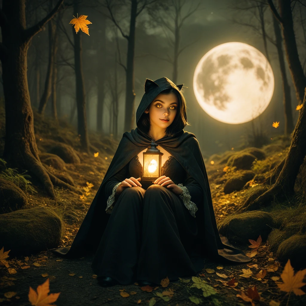 a woman dressed as a witch with a black robe, in her hands she has a black cat. She is sitting on an old wooden chair outside an old cabin in the woods in the middle of the night, there is a full moon.