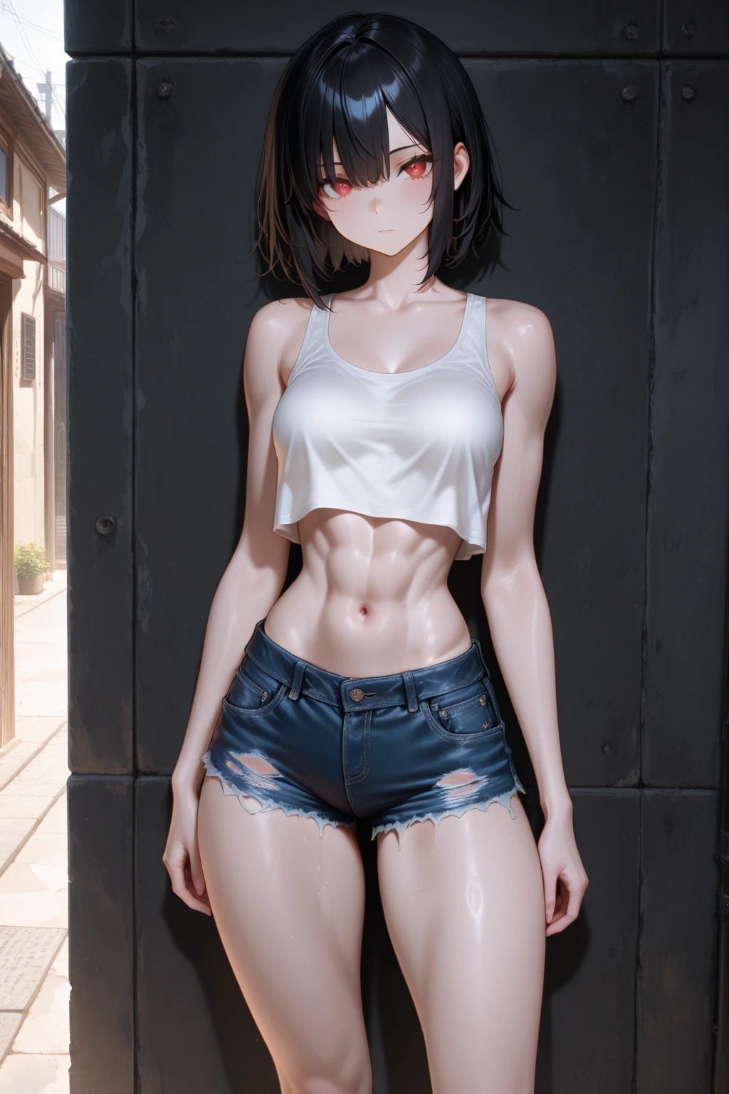 Girl with short black hair, abs, slender and strong legs,standing on your feet